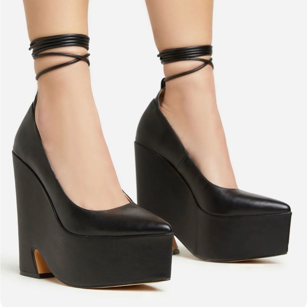 EGO Black Platform Ankle-Tie Wedges